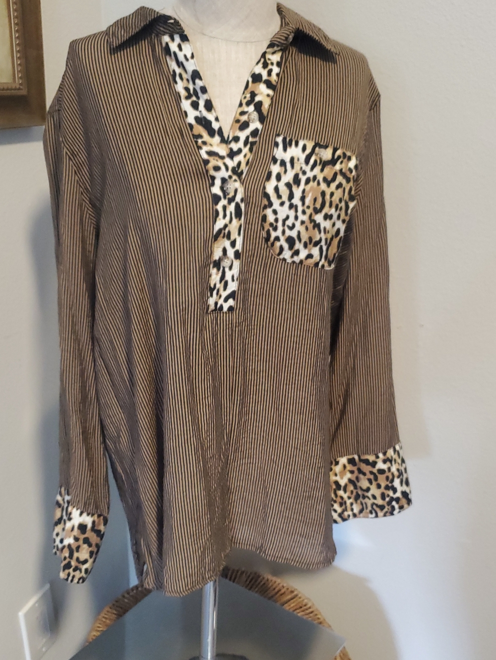 Multiples Striped Tunic Top with Leopard Trim - Brown & Cream